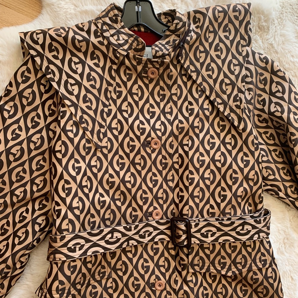 New authentic Gucci jacket Rhombus Belted Trench Coat brown 44  Large sz 8 - Picture 9 of 16